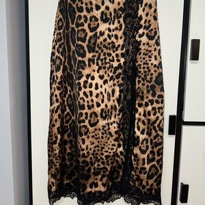 Silk Maxi Skirt - Leopard Print - Black Lace - Slit - Loose Fit - US 6